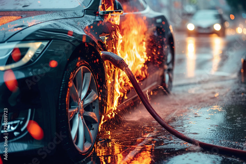 Burning electric car while charging on station, completely charred. Fire burning car, fire, sparks, smoke. Damage or overcharging, fire hazard photo