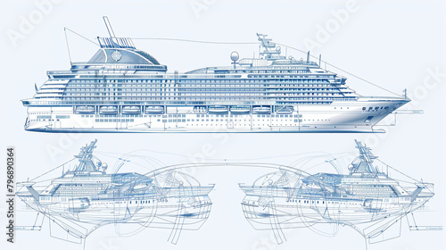Isolated blue print of cruise ship isolated on white background in a flat style. Blue print, sketch style, for cargo ship, high quality, clear features, side view photo