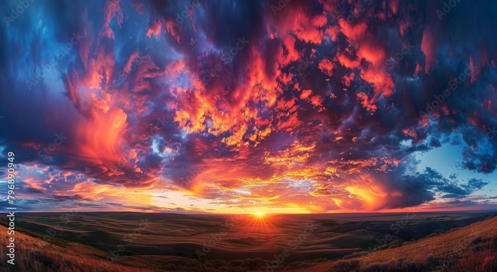 A breathtaking sunset sky with vibrant colors, showcasing the beauty of nature's display A panoramic view captures the majestic clouds and the setting sun casting its warm glow on them Generative AI