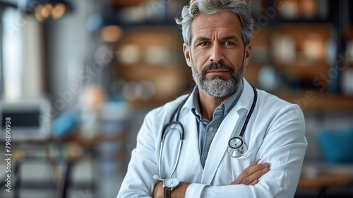 Doctor in dress shirt, with stethoscope and crossed arms, stands in hospital