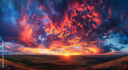 A breathtaking sunset sky with vibrant colors, showcasing the beauty of nature's display A panoramic view captures the majestic clouds and the setting sun casting its warm glow on them Generative AI