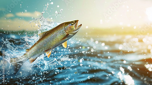 Close up of rainbow trout jumping out of the water with a splash during sunrise. 