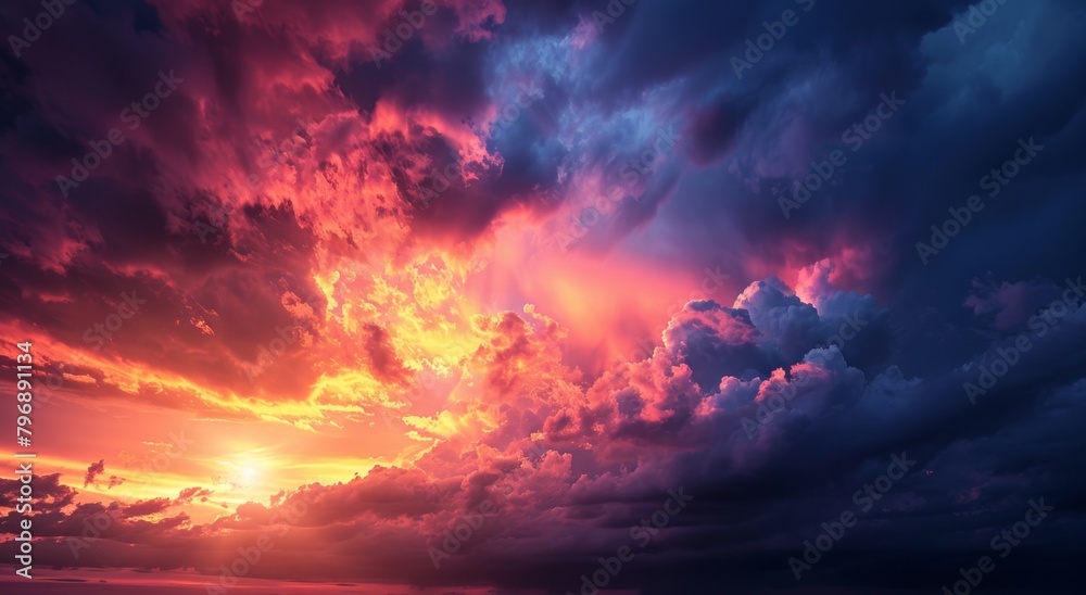 A breathtaking sunset sky with vibrant colors, showcasing the beauty of nature's evening display The sun sets behind dark storm clouds creating an enchanting scene Generative AI
