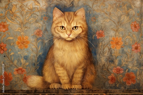 Medieval Persian painting art of cat animal mammal wall.
