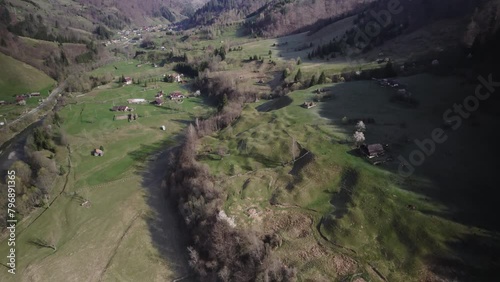 Aerial video on green mountains in Valea Doftanei Romania photo