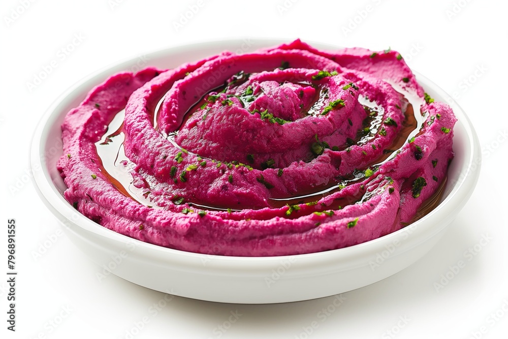 Obraz premium Vibrant beet hummus garnished with herbs in a round white dish