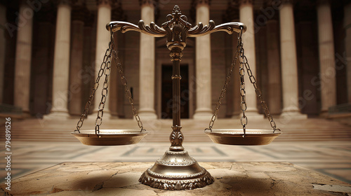 Law firm consultation banner, legal advice service, family criminal social statute justice concept,  with copy space area. Scales in front of supreme court house building, abstract background banner.
