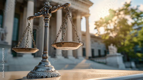 Law firm consultation banner, legal advice service, family criminal social statute justice concept,  with copy space area. Scales in front of supreme court house building, abstract background banner. photo