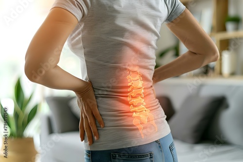 Woman experiencing back pain at home due to lumbar intervertebral disc herniation. Concept Back Pain Management, Lumbar Health, Home Remedies, Physical Therapy Exercises, Lifestyle Changes photo