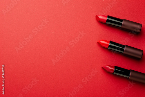 Red lipstick on a vivid red background with copy space. Cosmetics banner concept, top view, flat lay. Minimal and luxury make up cosmetic or beauty salon composition 