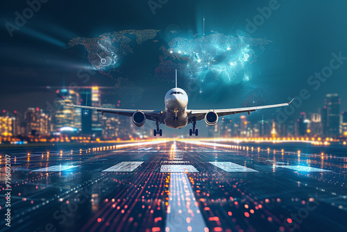 Embracing the future  dynamic commercial air transport concept with airplane soaring against city skyline  Airplane taking off from airport runway on city  ideal copy space for tech-driven innovations