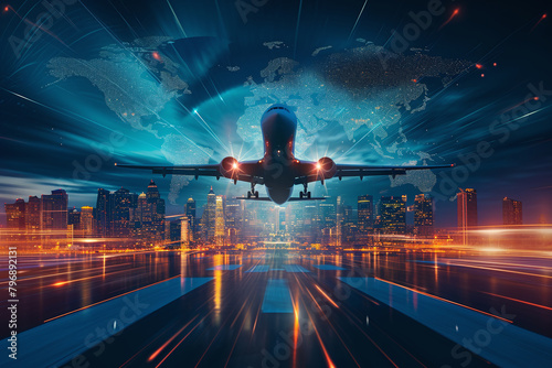 Embracing the future: dynamic commercial air transport concept with airplane soaring against city skyline, Airplane taking off from airport runway on city, ideal copy space for tech-driven innovations
