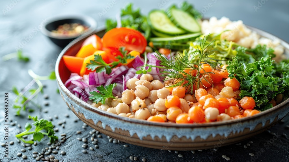 A bowl of chickpeas, tomatoes, cucumbers, red onion, parsley, and dill.