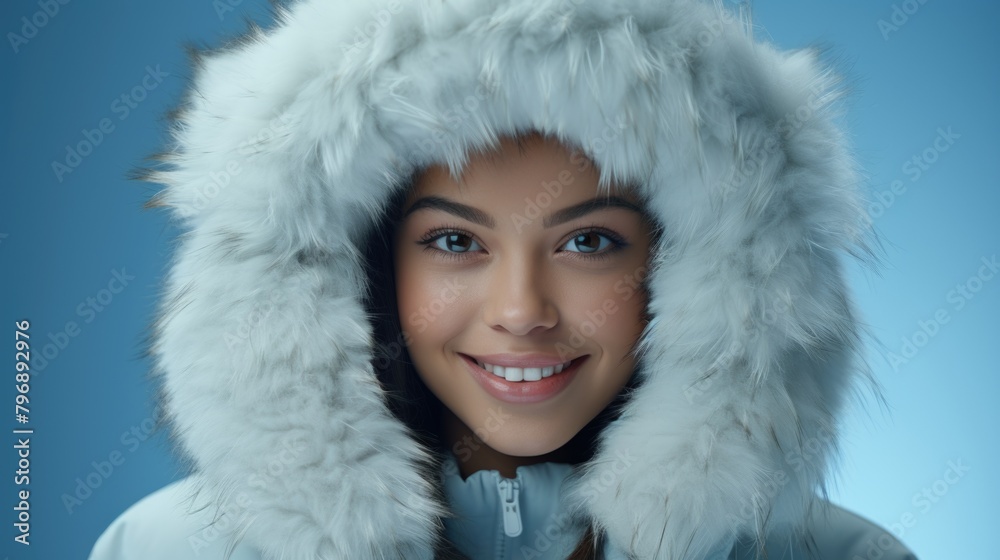Winter Beauty in Furry Hood: Charming Smile on Blue Background