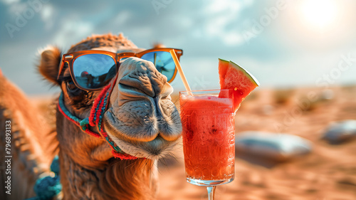 Cool camel spending vacation relax have cold drink in summer at desert , Funny animal concept . photo