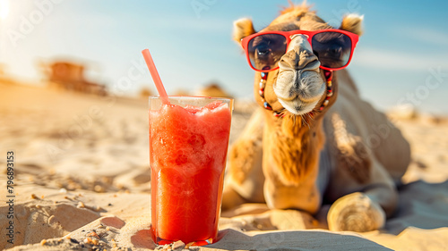 Cool camel spending vacation relax have cold drink in summer at desert , Funny animal concept . photo