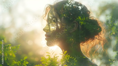 Celebrating Earth Day with a Double Exposure Portrait of a Woman in the Forest. Concept Environmental Awareness, Forest Imagery, Nature Inspired, Portrait Photography, Creative Techniques photo