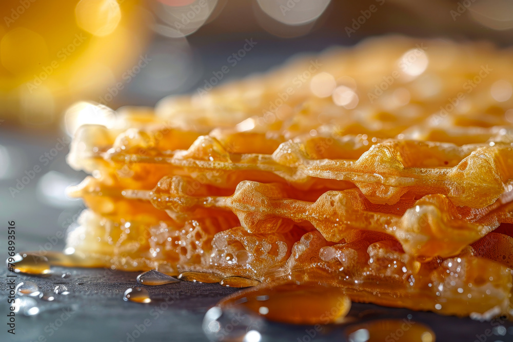 Crisp Golden Waffles Drizzled with Honey in Warm Light Crisp Golden Waffles Drizzled with Honey in Warm Light