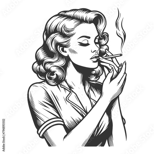 woman in a relaxed pose, smoking a cigarette sketch engraving generative ai fictional character vector illustration. Scratch board imitation. Black and white image.