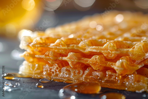 Crisp Golden Waffles Drizzled with Honey in Warm Light