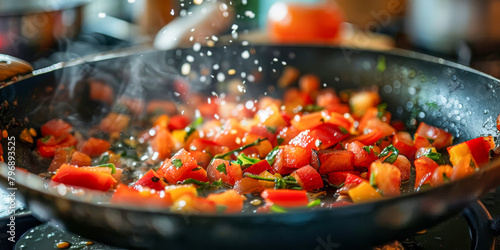 A pan of food is cooking on a stove, with steam rising from it photo