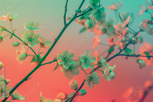 Vibrant Cherry Blossoms on Branch Against Gradient Sky