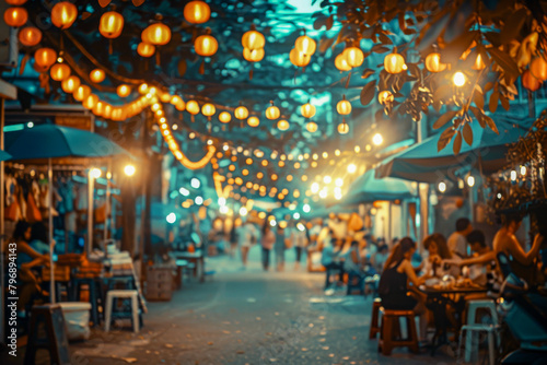 A busy street with people sitting at tables and eating © smth.design