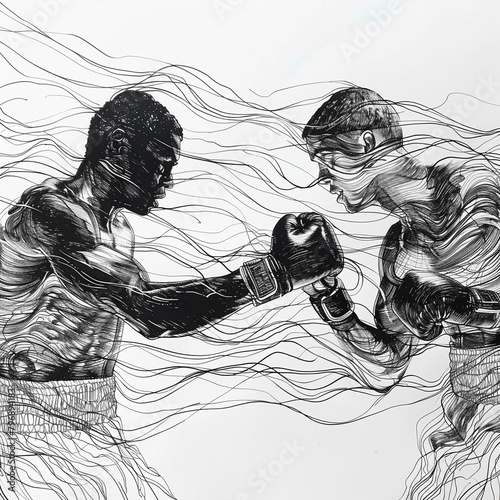 Two boxers in a boxing match, black ink drawing. photo