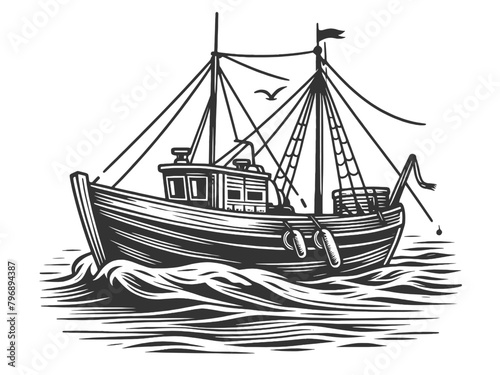 fishing boat with nets, riding the crests of ocean waves, under a sky with flying seagulls sketch engraving generative ai vector illustration. Scratch board imitation. Black and white image.