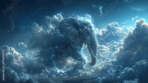 A huge elephant-like creature gliding gracefully above the dark night clouds