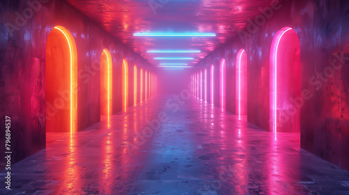 A striking corridor bathed in neon lights, with glowing archways in shades of red and pink leading to a vanishing point, under a ceiling of cool blue lights.