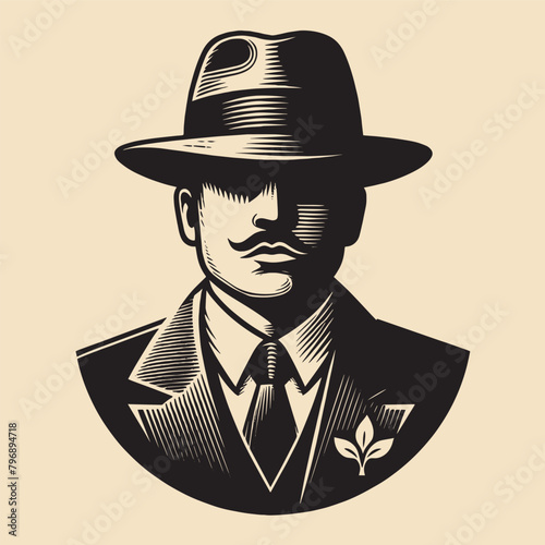 Italian mafioso. Gangster in a hat. Portrait. Vintage engraving illustration	