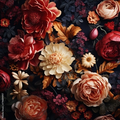 Bright Colorful Rich Flower Blossom. Floral Decoration Composition. A Tapestry of Blooms in Lush Darkness. An Opulent Arrangement of Autumnal Elegance and Botanical Beauty. 