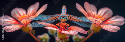 A dragonfly is perched on a flower