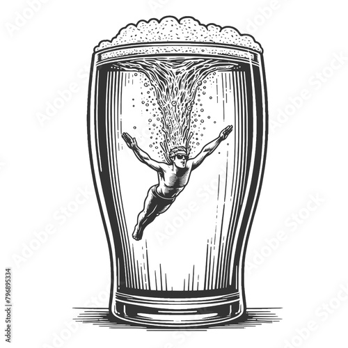 man diving into an overflowing mug of beer, merging classic art with humor sketch engraving generative ai fictional character vector illustration. Scratch board imitation. Black and white image.