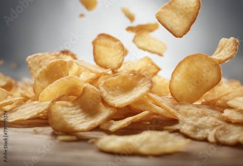 Potato chips fried falling in the air snack time junk food
