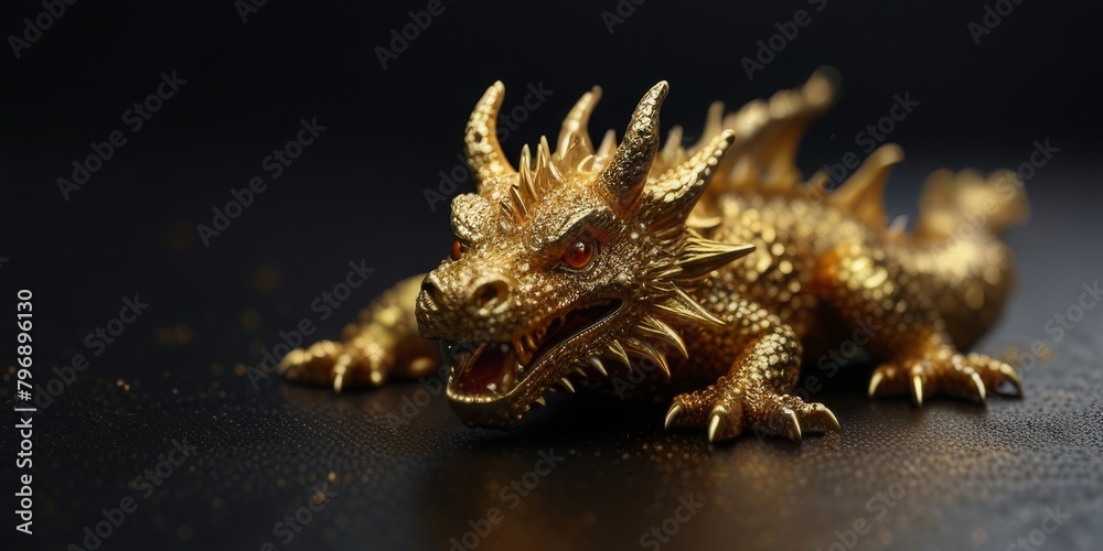 sparkling gold dragon from pile of gold glitter black background.
