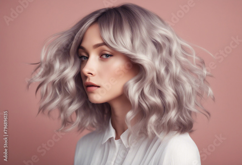 Stylish hair wig with trendy design fashionable hairstyle concept Woman with trendy long bob hair against pastel background Beautiful young girl portrait against pink background