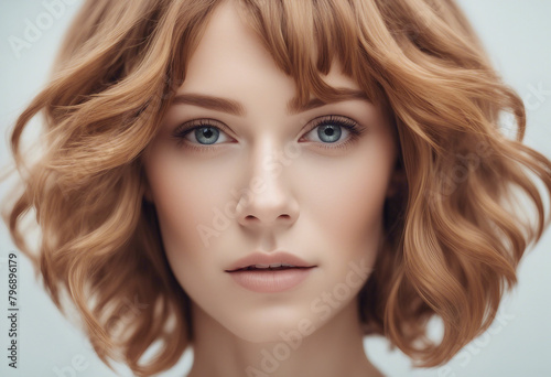 Stylish hair wig with trendy design front view fashionable hairstyle concept Woman with trendy ginger bob hair against grey background Beautiful young girl portrait