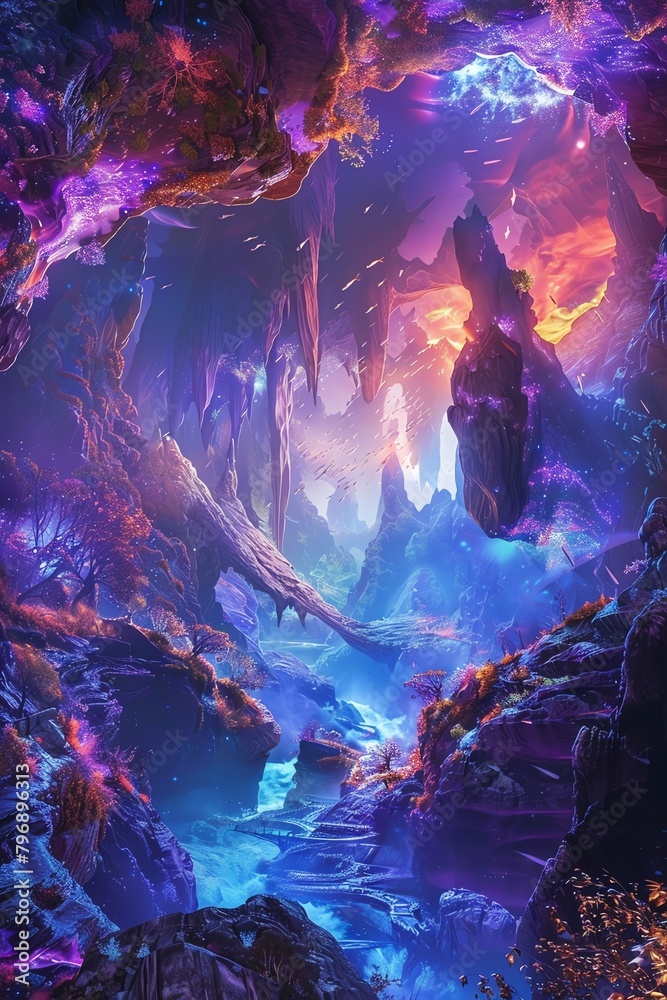 A mystical cave with a river flowing through it. The cave is lit by colorful crystals and there are strange plants growing on the walls.