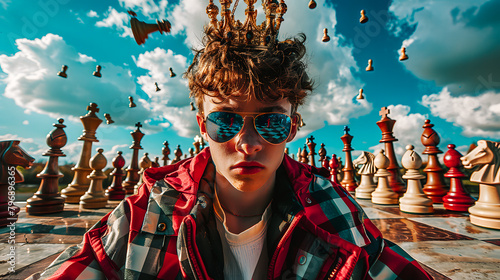 Le roi des échecs, jouer avec des pions volant autour de lui photo