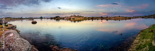 panoramic of the lagoons of Los Barruecos with large granite masses photo