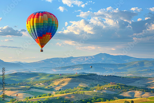 A colorful hot air balloon floating above rolling hills and distant valleys