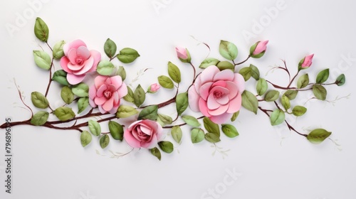 a set of flower branches. The flower is a pink rose, green leaves blue background