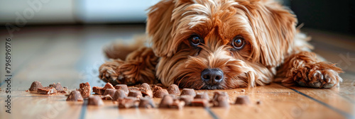 Guilty Dog Caught After Eating Chocolate on Wooden Floor photo