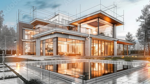 A striking 3D rendering of a luxurious villa, seamlessly blending detailed realistic visuals with a contrasting wireframe design, including ample copy space for customization © JP STUDIO LAB