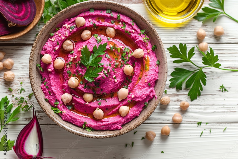 Colorful beet hummus with chickpeas and parsley in an earthy bowl on a wooden background Colorful beet hummus with chickpeas and parsley in an earthy bowl on a wooden background