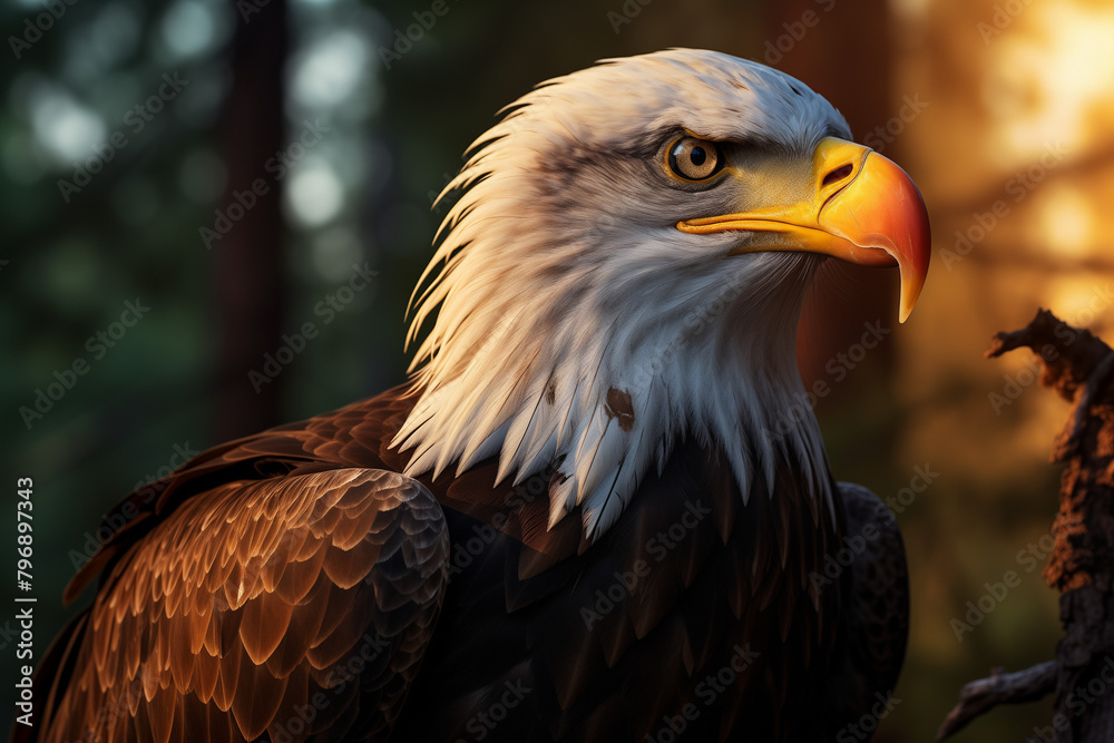 A majestic bald eagle in the forest, bathed by golden sunlight, with detailed feathers and piercing eyes. A majestic bald eagle in the forest, bathed by golden sunlight, with detailed feathers and piercing eyes.