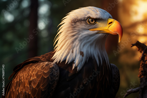 A majestic bald eagle in the forest  bathed by golden sunlight  with detailed feathers and piercing eyes.
