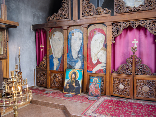 Left part of iconostasis inside St Petka Orthodox Christian Church in Rupite, Bulgaria.